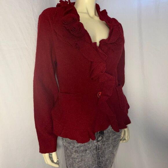 Susan Bristol 100% Wool Red Ruffle Rose Cardigan Jacket L — Textured Boho Cottag - Picture 1 of 12